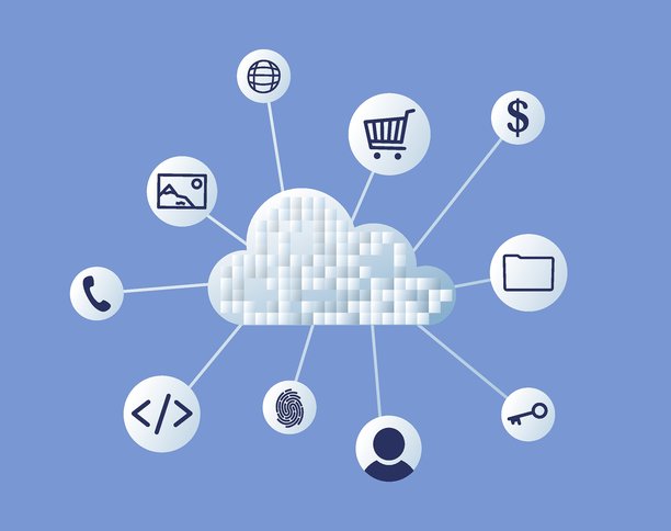 云软件概念。商业网络。企业资源规划（ERP）。亚马逊云服务、云计算和服务器。终端数据安全云服务器计算机管理。矢量插画图片下载