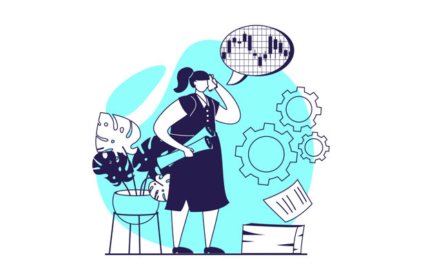 商务活动网页概念，扁平化人物，适用于网站设计。女商人研究股票市场图表，分析财务策略，进行投资并发展公司。矢量插画。图片下载