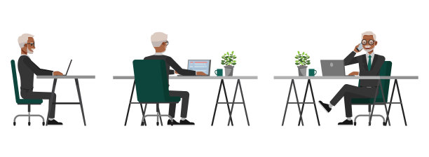 身着灰色西装、戴眼镜的黑人商务人士角色设计。男士在办公室使用笔记本电脑工作的平面矢量插画。图片下载