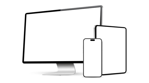 台式电脑、平板电脑和手机屏幕模型。数字设备元素隔离在白色背景上。图片下载