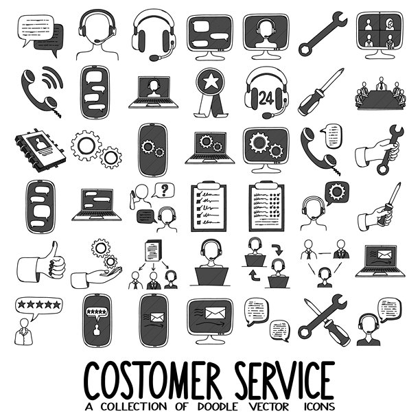 客户服务相关的涂鸦矢量图标集。手绘线条草图插画，EPS10格式。图片下载