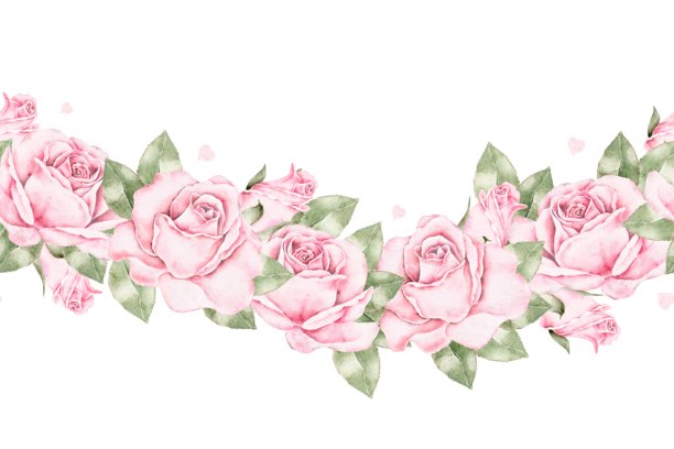 粉色玫瑰与绿叶组成的横向无缝水彩边框。带有心形飞溅图案。浪漫花卉插画，非常适合卡片、婚礼请柬、包装设计、情人节。图片下载