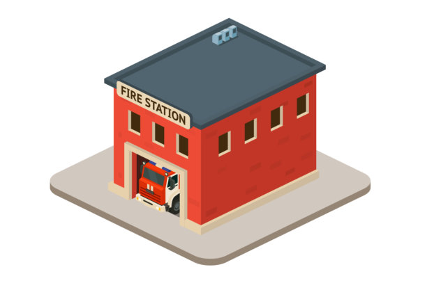 消防站建筑的等距图，配有消防车。紧急服务建筑的插画。图片下载