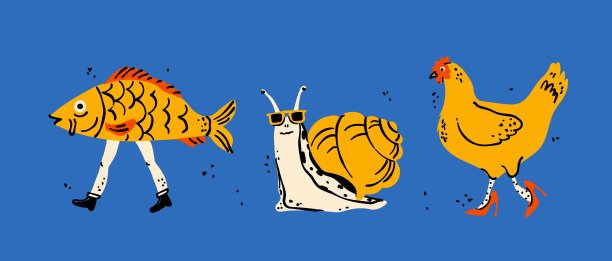 一套搞笑且富有创意的矢量插画，描绘了有趣的超现实动物。这种潮流艺术包括一条会走路的鱼、一只酷炫的蜗牛和一只穿着高跟鞋的母鸡，非常适合古怪的项目。图片下载