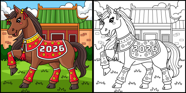 中国风服饰的马年插画图片下载