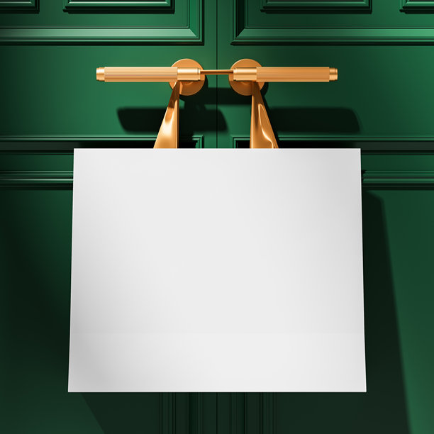 用于产品品牌和包装概念展示的空白白色购物袋模型，金色提手悬挂在绿色经典面板墙背景上。3D渲染图片下载