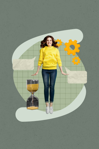 创意图片拼贴：一个人站在绿色背景上，旁边有一个齿轮状的对话气泡。图片下载