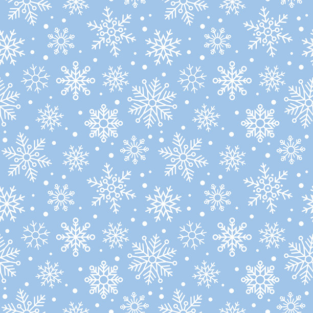 浅蓝色背景上不同样式的白色雪花无缝图案。冬季图案模板，矢量图。图片下载