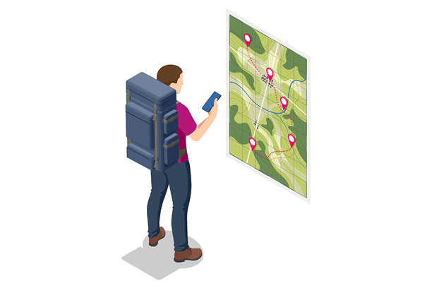 徒步旅行者使用登山杖，研究一张点缀着定位图钉的大型地形图，规划他们的徒步探险的等距插画。图片下载