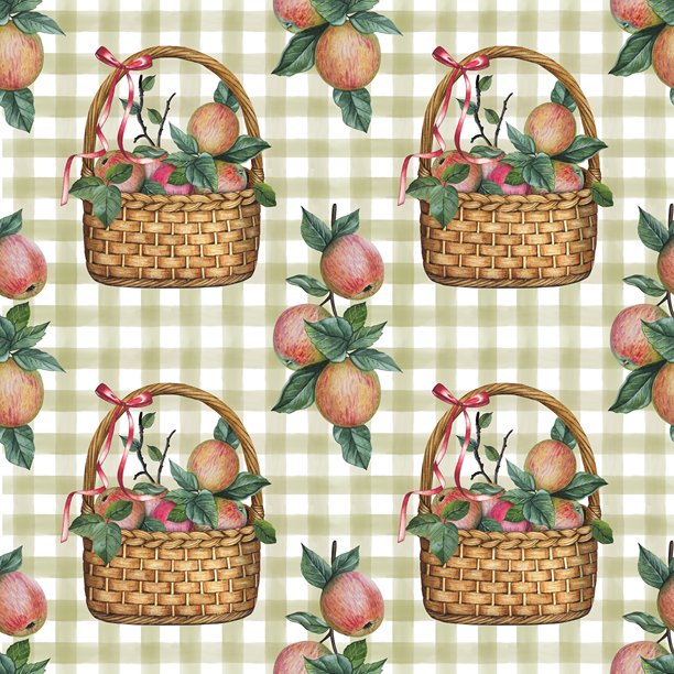 手绘无缝图案，包含篮子里的成熟苹果和苹果树枝。水彩插画。图片下载