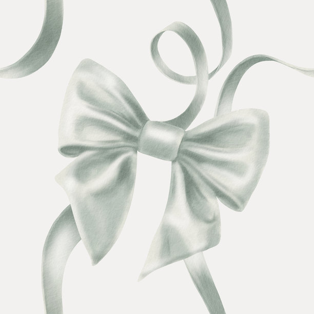 复古丝绸蓝色蝴蝶结和波浪形丝带无缝图案，用于圣诞装饰、礼物、节日礼品、包装纸。手绘水彩插画，背景为浅灰色。图片下载