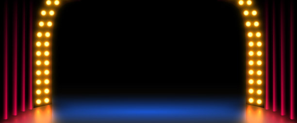 复古舞台背景，配有发光的黄灯和红幕布。图片下载