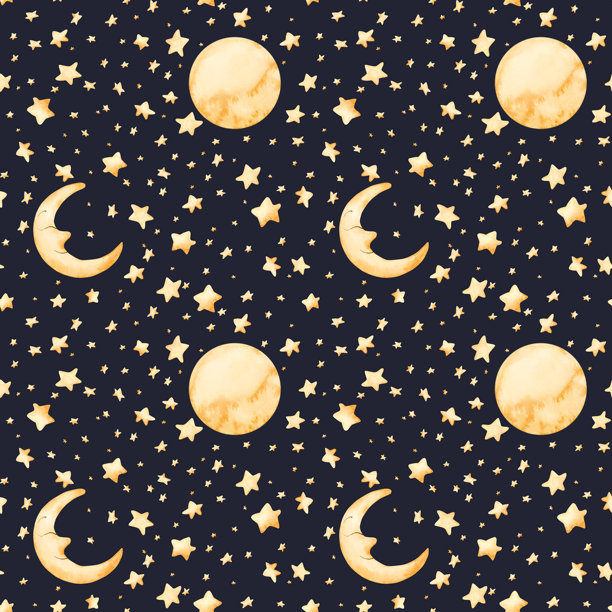 可爱的金色月牙星星无缝图案，水彩手绘插画，孤立在深蓝色背景上，婴儿图片下载