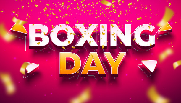 红色背景上的拳击日横幅插画，带有 3D 字体字母和飘落的彩带。圣诞假日购物日的矢量商业设计，适用于特别优惠、优惠券、代金券、横幅、传单、促销海报或贺卡。图片下载