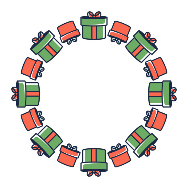 节日圆形圣诞边框。现代矢量花环与礼品盒。十二月促销、包装纸、海报和欢乐冬季设计的矢量卡通插画。图片下载