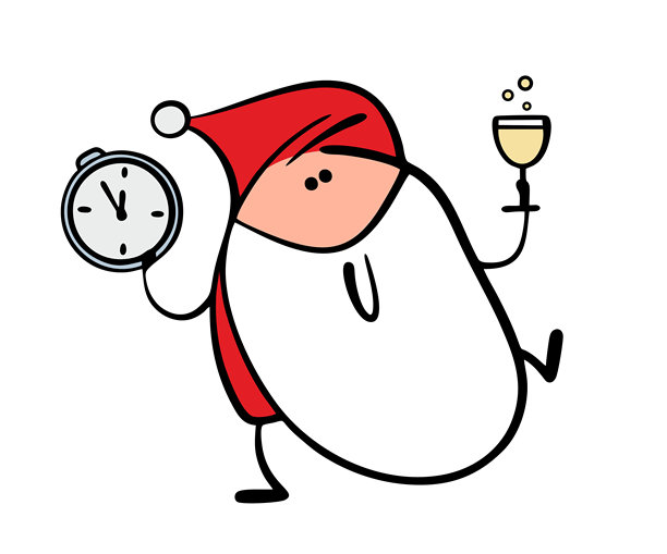 圣诞老人正在参加派对。一个有趣的圣诞小矮人庆祝新年的矢量图。一个留着灰白色胡子的卡通男人正在喝酒，手里拿着一块手表。图片下载