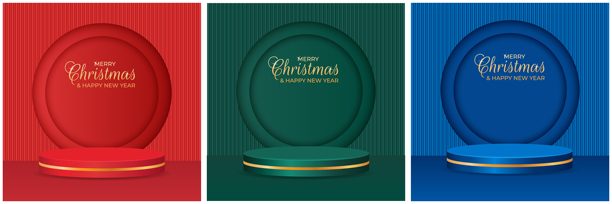 一套节日气氛浓厚的圣诞新年橱窗背景，带有3D讲台和金色文字。矢量插画。图片下载