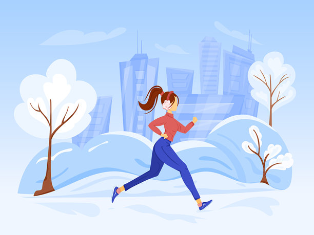 冬季慢跑。戴着保暖耳机的女孩在冬季城市中跑步。跑步、健康生活、锻炼、运动的矢量插画概念图片下载