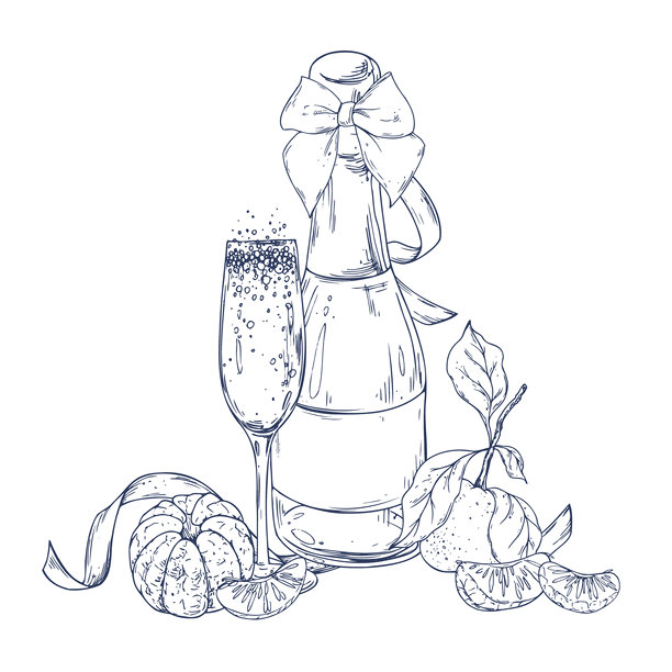 圣诞节主题构图，包含香槟酒瓶、香槟碗、蝴蝶结、丝带和橘子。手绘单色线条艺术插画，墨水风格。适合冬季装饰和印刷品。图片下载