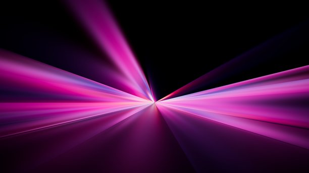 锐利的粉色和紫色激光束从一个中心点爆发。3D渲染插画。图片下载