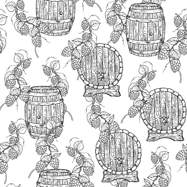 矢量无缝图案，带有用于葡萄酒、啤酒、威士忌的木桶和龙头。复古图形插画，包含常见的啤酒花，孤立在背景上。手绘橡木桶线条草图。适用于设计师、印刷品、明信片、包装纸、节日、封面。图片下载