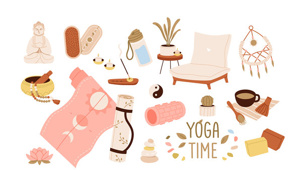 瑜伽与冥想生活方式元素扁平化集合。扁平化矢量插画，描绘了瑜伽和正念的必需品，包括瑜伽垫、熏香、茶、佛像和装饰品，旨在呈现宁静的健康生活。图片下载