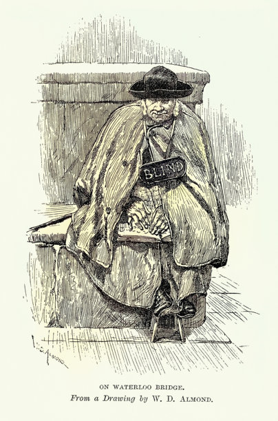 一位盲女在滑铁卢桥上乞讨，伦敦街头生活速写，维多利亚时代插画，19世纪80年代图片下载