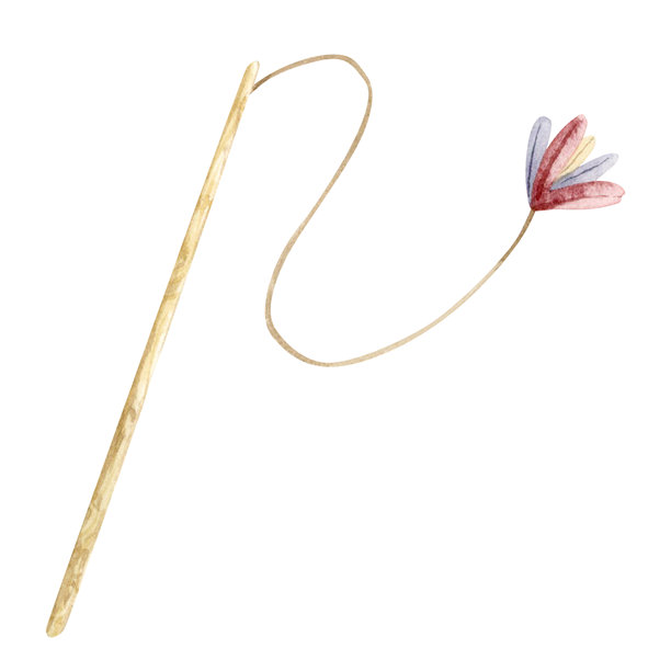 猫咪羽毛逗猫棒水彩插画，孤立素材。宠物逗猫棒，带有粉米色和粉红色系的绳子。家养宠物配件剪贴画，适用于趣味设计和宠物店。图片下载