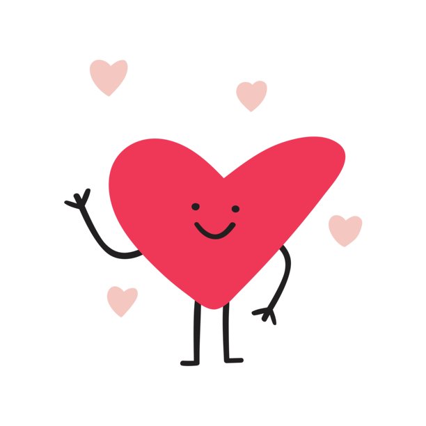 可爱的挥手的心。快乐的红色心形角色的简约矢量插画，伴有粉色心形在挥手。图片下载