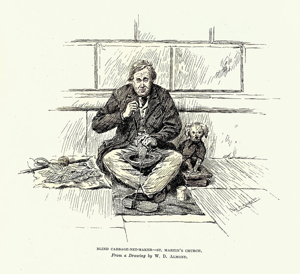 盲人卷心菜网制造商和他的狗，圣马丁教堂，伦敦街头生活素描，维多利亚时期插画，19世纪80年代图片下载