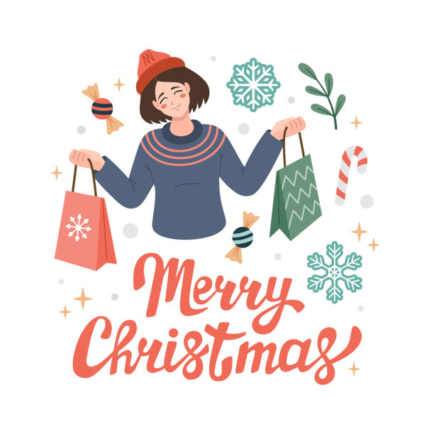 女孩拿着购物袋和礼物。圣诞促销、购物矢量插画。漫画风格。圣诞快乐字样。图片下载