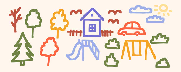 游乐场公园涂鸦插画，包含房屋和树木图片下载