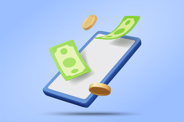 智能手机图标的3D矢量插画渲染，带有漂浮的纸币和硬币。金融科技、银行业务的在线交易、转账、应用程序支付、数字金融系统概念。图片下载