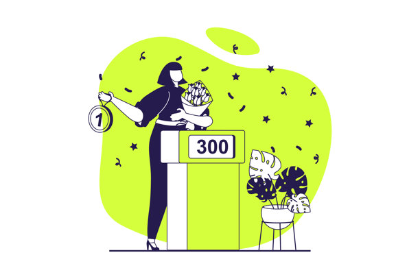 快乐的竞争冠军网页概念，采用扁平化人物设计，适合网站设计。一位女性在挑战中获胜，获得第一名，并配有奖牌和鲜花，正在发表演讲。矢量插画。图片下载