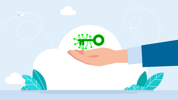 手中数字钥匙，个人信息安全，密码，数据加密，电子钥匙，私人访问，安全技术数字钥匙图标，识别技术，平面插画图片下载