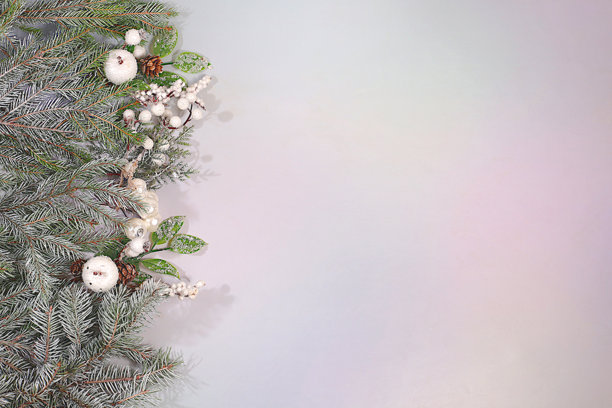 精美的圣诞和新年横幅，背景有鲜活的杉树枝、装饰品、玩具和松果，用于节日广告的产品设计，平安夜概念，节日冬季卡片和屏幕布局，图片下载