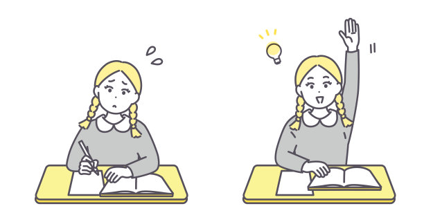 女孩在书桌前学习的插画集。提问。理解。矢量图。图片下载