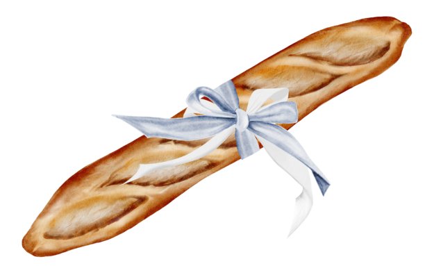 面包水彩插画。手绘的长棍面包，白色背景上带有蝴蝶结丝带。烘焙食品的剪贴画。非常适合面包店的横幅和标签。图片下载