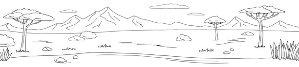 萨凡纳湖泊黑白风景画长图插画矢量图图片下载