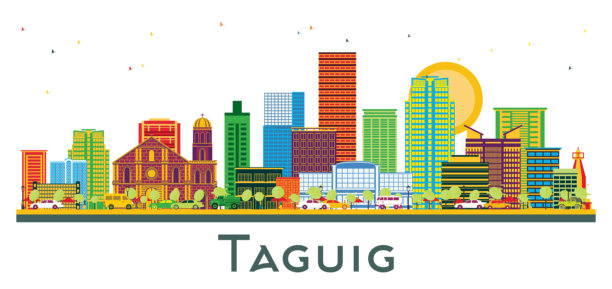 菲律宾他吉格市的城市天际线，彩色建筑孤立在白色背景上。插画。现代建筑的商务旅行和旅游概念。他吉格市的景观地标。图片下载