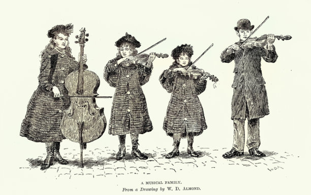 孩子们街头卖艺，拉小提琴和大提琴，伦敦街头生活素描，维多利亚时代插画，19世纪80年代图片下载