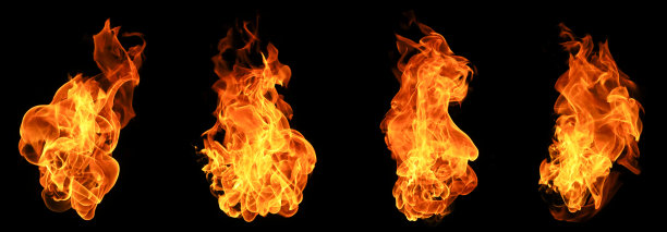 黑色背景上孤立的逼真橙色火焰集合，燃烧的热度纹理，适用于数字设计、照片编辑和创意艺术项目。图片下载