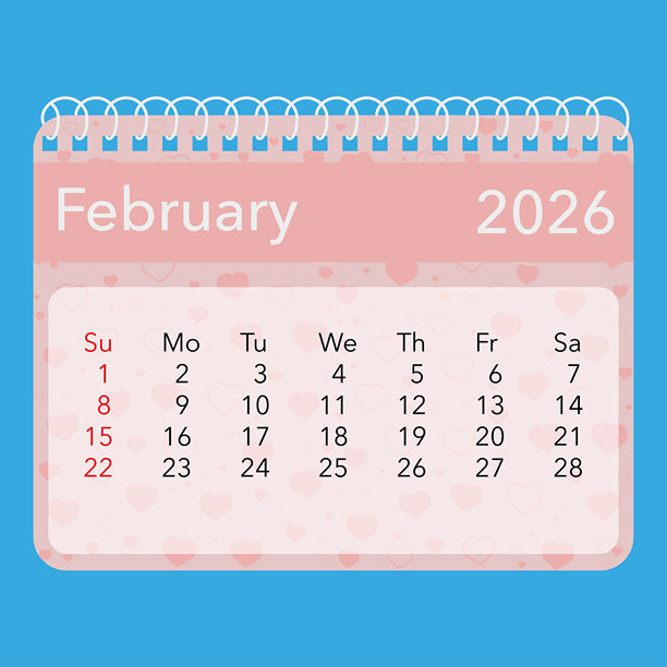 2026年2月日历插画，带有心形图案和鲜艳的蓝色背景图片下载