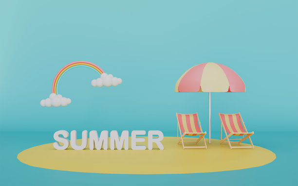 夏日假期，五彩缤纷的夏日元素，简约风格，3D插画图片下载