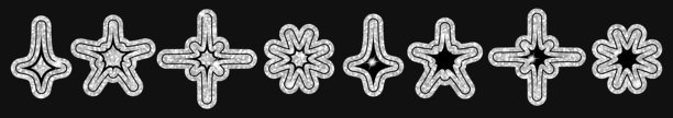 Y2K 星星闪耀光泽形状，银色闪光。带光泽轮廓的简单几何图形、闪烁爆发、十字形状在深色背景上。海报、品牌、印刷品、广告的未来风格贴纸套装。图片下载