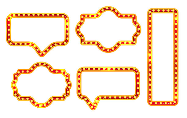 马戏团矩形霓虹灯招牌，带有嘉年华边框和赌场发光板。复古风格的电影院灯泡边框，用于戏剧表演或金色百老汇海报。音乐会的空白广告牌气泡。图片下载