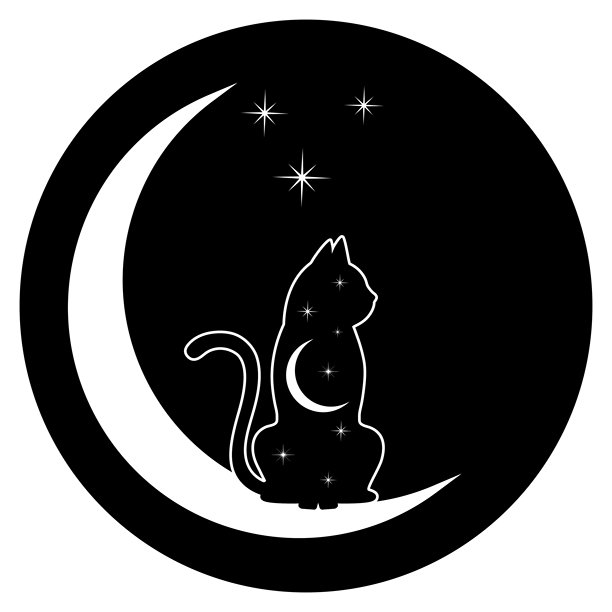 一轮弯月上停着一只黑猫，周围还有月亮和星星的插画图片下载