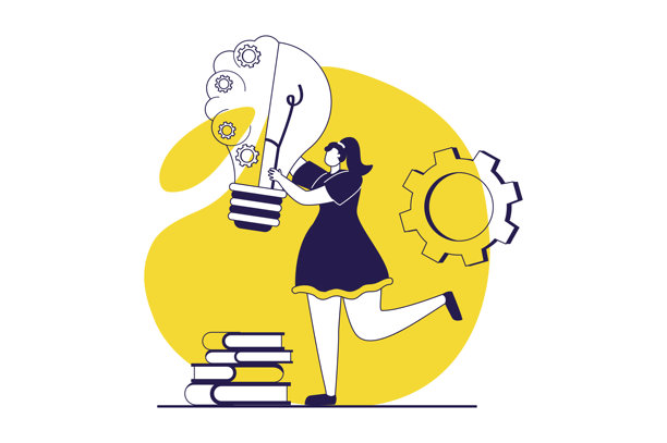 精神思维类型网页概念，配有扁平化人物，适用于网站设计。一位女性拥有创新技术思维，从事工程设计、解决技术问题、研究和改进齿轮。矢量插画。图片下载