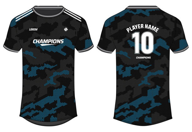 迷彩运动球衣T恤设计平面草图插画，圆领足球球衣概念，包含板球、足球、排球、橄榄球、网球和羽毛球运动服套装的前后视图。图片下载