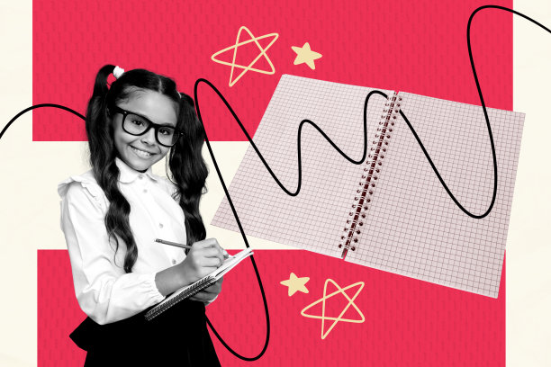 潮流艺术横幅草图，年轻女学生的3D照片拼贴，微笑着在笔记本上写字，大学教育，学术学生图片下载